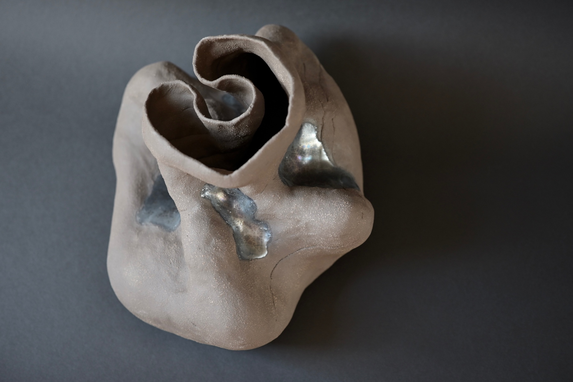 Inward, folded ceramic body curling towards a spiral opening